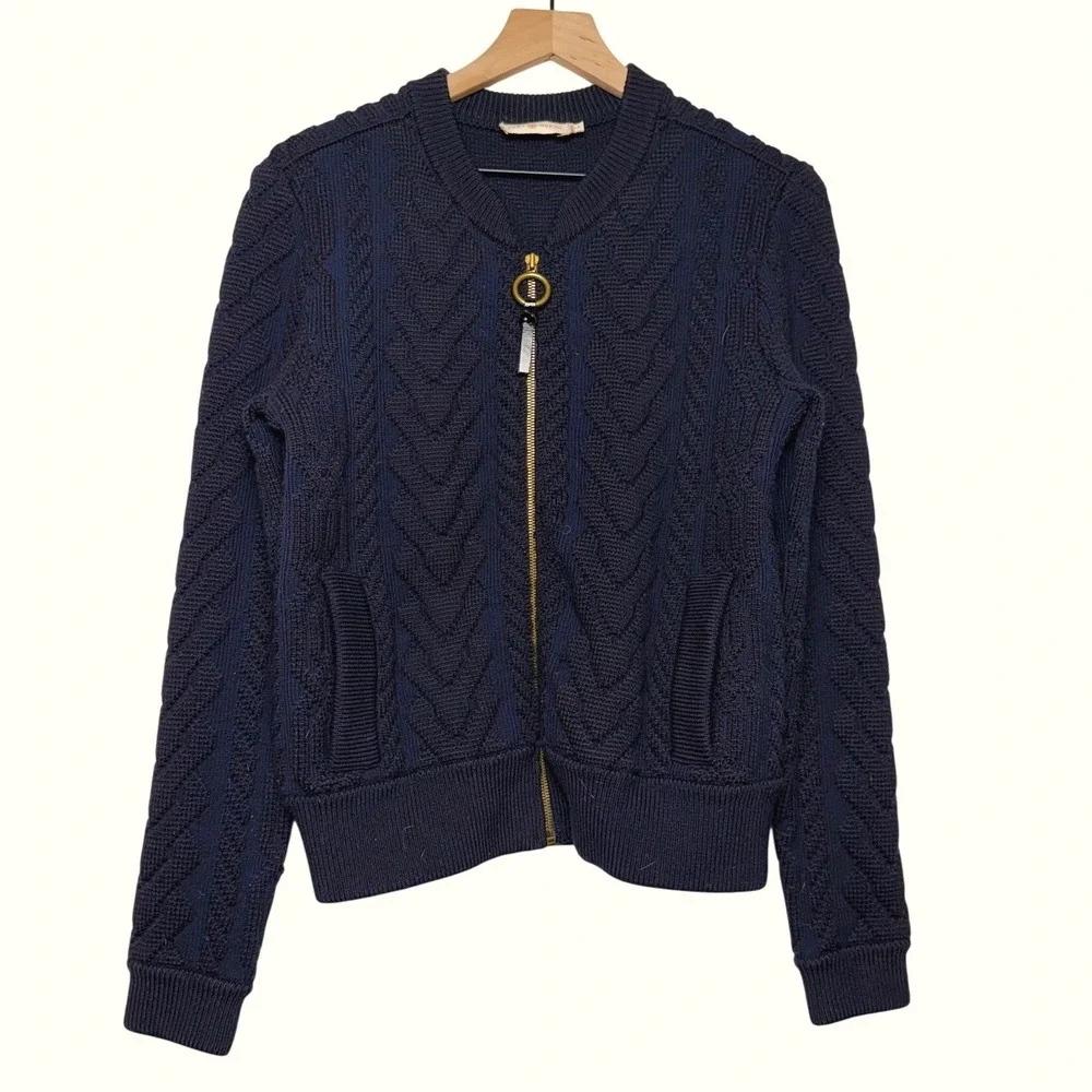 Tory Burch Navy Blue Merino Wool Cable Knit Zip Up Bomber Cardigan‎ Sweater S